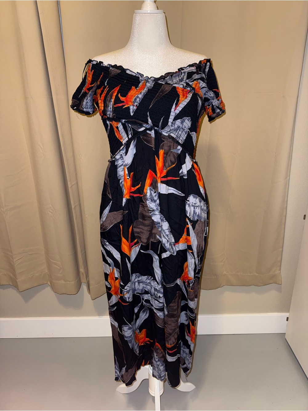 Patrons of Peace Navy Blue Jumpsuit with Orange and Gray Floral Print